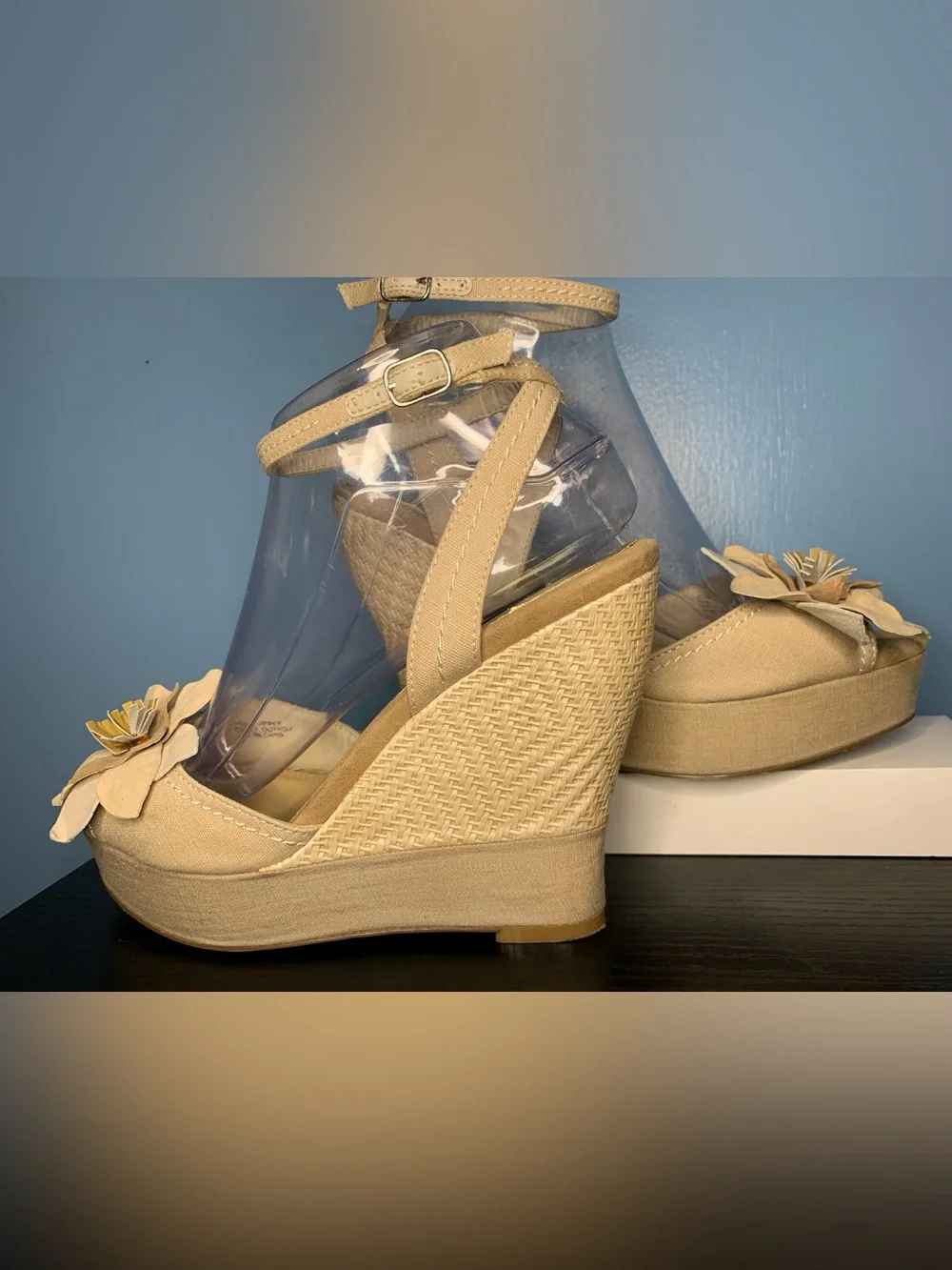White House Black Market Beige Floral Ankle-Strap Wedge Sandals